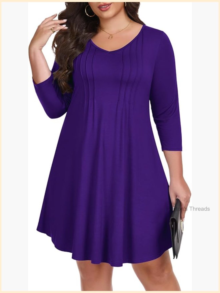 Plus Size V-Neck 3/4 Sleeve Pleated Midi Dress A-Line Swing Dress With Pockets